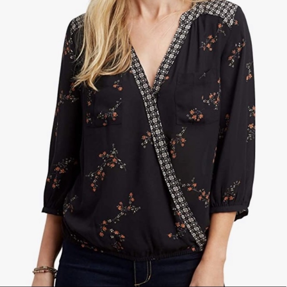 Maurices Black Floral V-Neck Blouse with Embroidered Trim